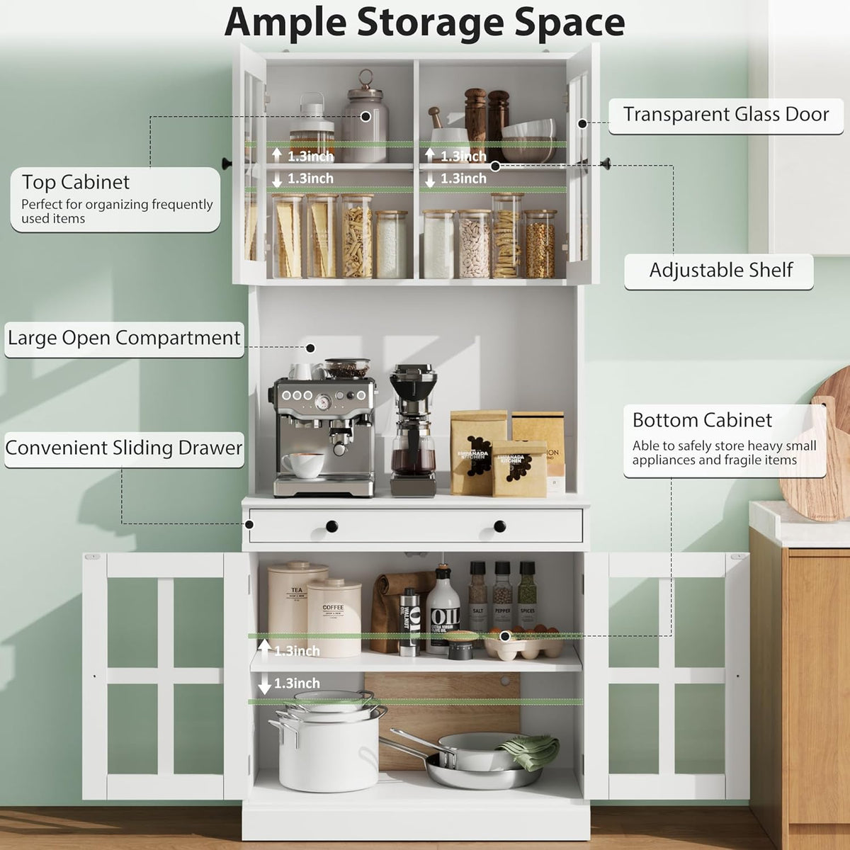 Garvee 72 Inch Kitchen Pantry Cabinet with Glass Doors, Drawer and Adjustable Shelves, Farmhouse Tall Storage Cabinet with Open Countertop, Coffee Bar Cabinet for Coffee Corner, White | Adjustable Shelves, Open Countertop, Perfect as Coffee Bar Cabinet