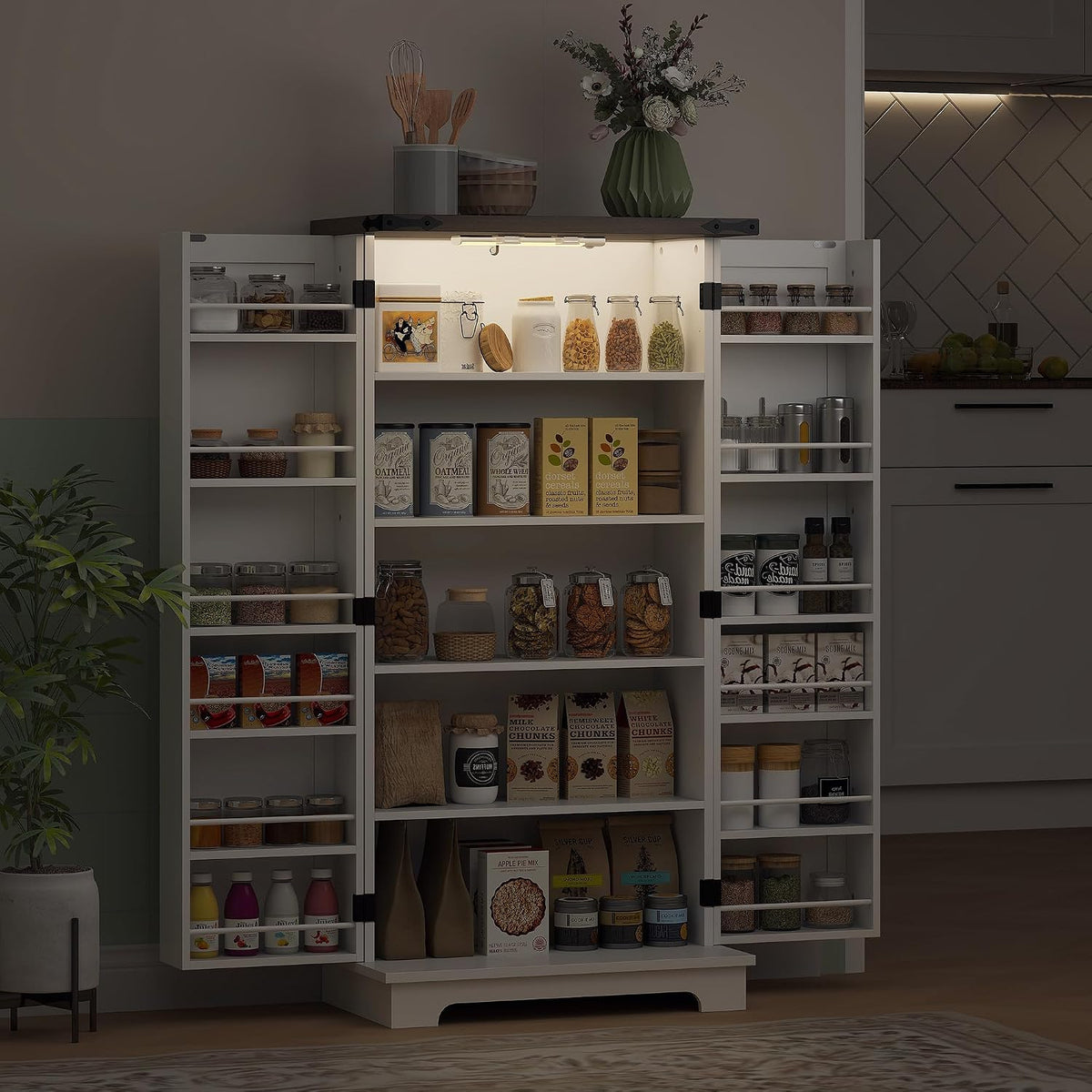 HOMCOM 47" LED Kitchen Pantry Cabinet with Barn Door 5 Deep Shelves White | Farmhouse Storage Cabinet, 12 Door Shelves, Freestanding Food Pantry