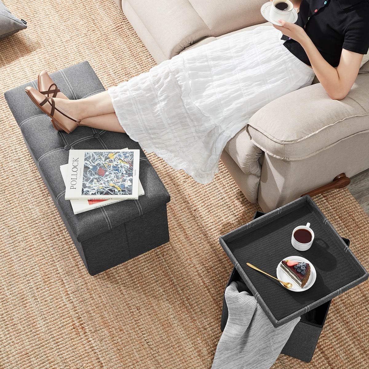 YOUDENOVA Ottoman with Storage, 30" Storage Ottoman Bench, Linen Gray | Hide blankets, pillows and clutter inside, while the padded linen seat adds comfort to your bedroom or living room.