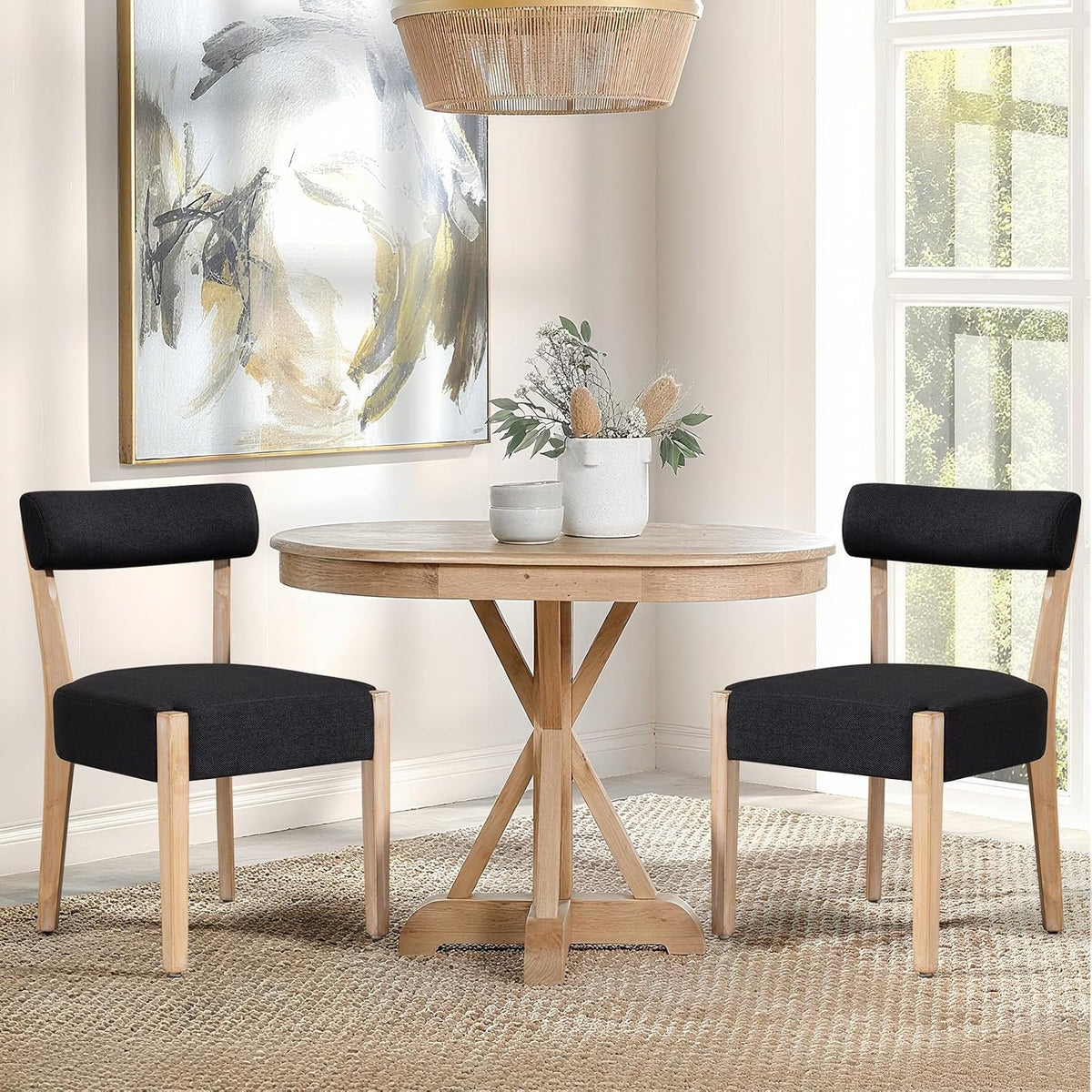 ZJhome Dining Chairs,Set of 2 Mid-Century Modern Wooden Kitchen Chairs with Linen Upholstery - Low-Back Woven Design for Kitchen & Dining Room,Black Fabric