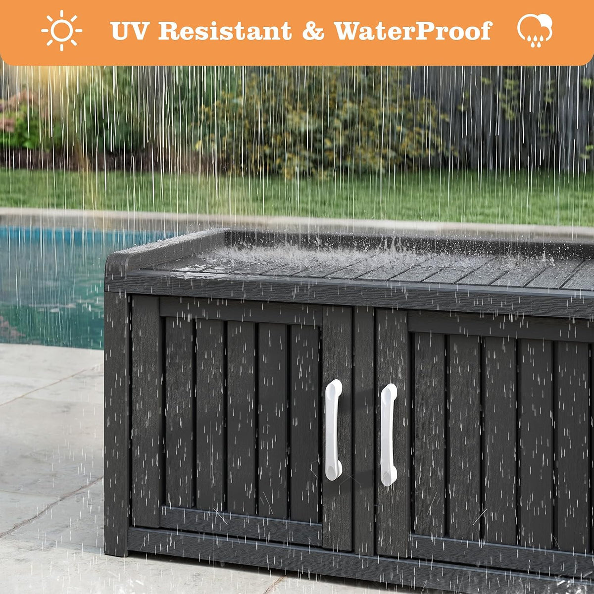 NUNU LAB Outdoor Storage Bench with 2 Barn Doors - Waterproof UV-Resistant Shoe Cabinet for Entryway, Indoor & Outdoor Use, Adjustable Shelves, Easy Assembly (Black, 31.7IN)