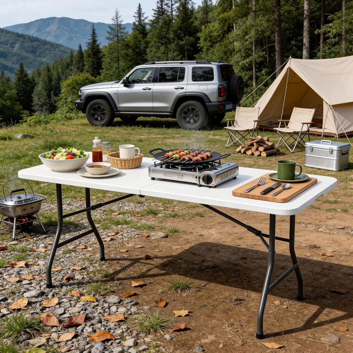 6FT Folding Table 2 Pack, Heavy Duty Fold in Half Plastic Tables with Carry Handle, Portable Indoor Outdoor Utility Table for Party, Picnic, Camping, Banquet, Wedding, RV Travel