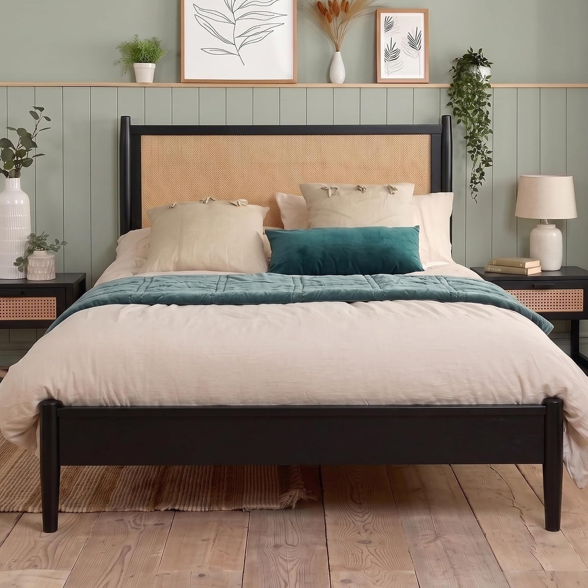 Merax Black Queen Size Platform Bed Frame with Rattan Headboard