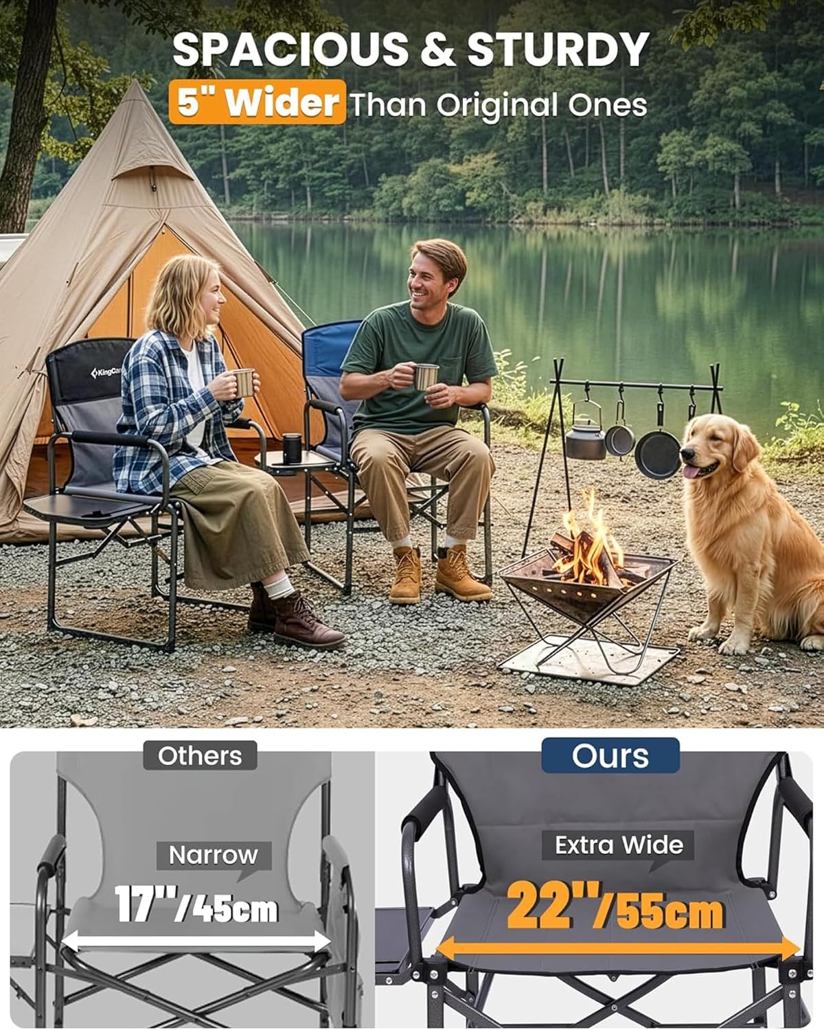 KingCamp Oversized Camping Directors Chair for Big & Tall Heavy Duty 440lbs | Folding Chair with Side Table, Padded Camp Chair Wide Seat，Anti-Sag Fabric, 50% flat fold for Outdoor Sport Lawn Fishing RV