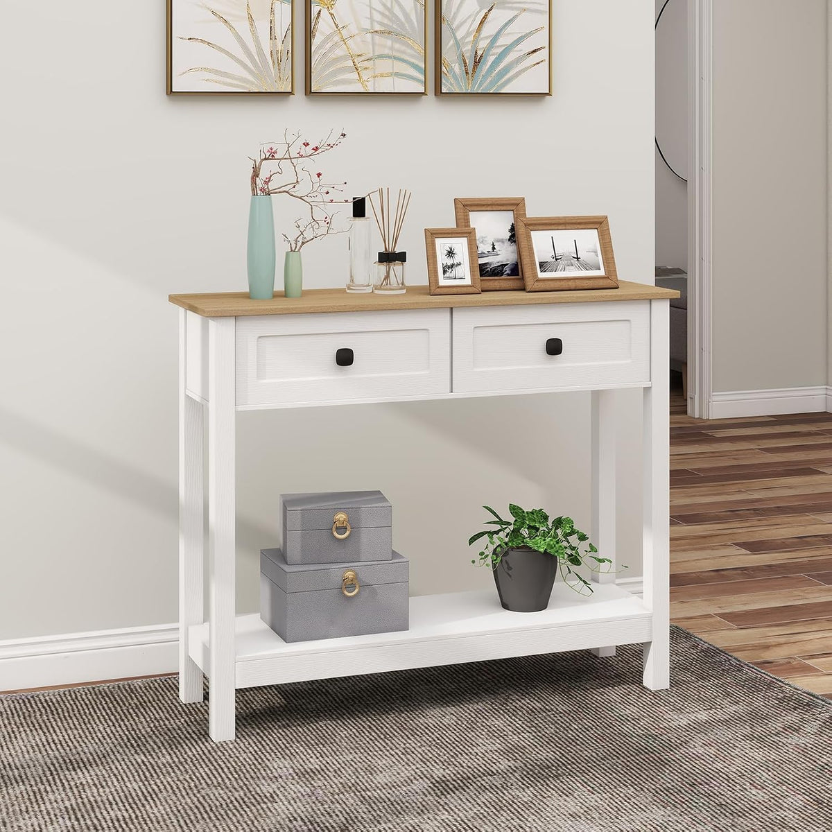 kinbor Entryway Table - White Console Table with 2 Drawers, Narrow Small Console Table with Storage Shelf for Entryway, Living Room, Hallway, Easy to Install, White