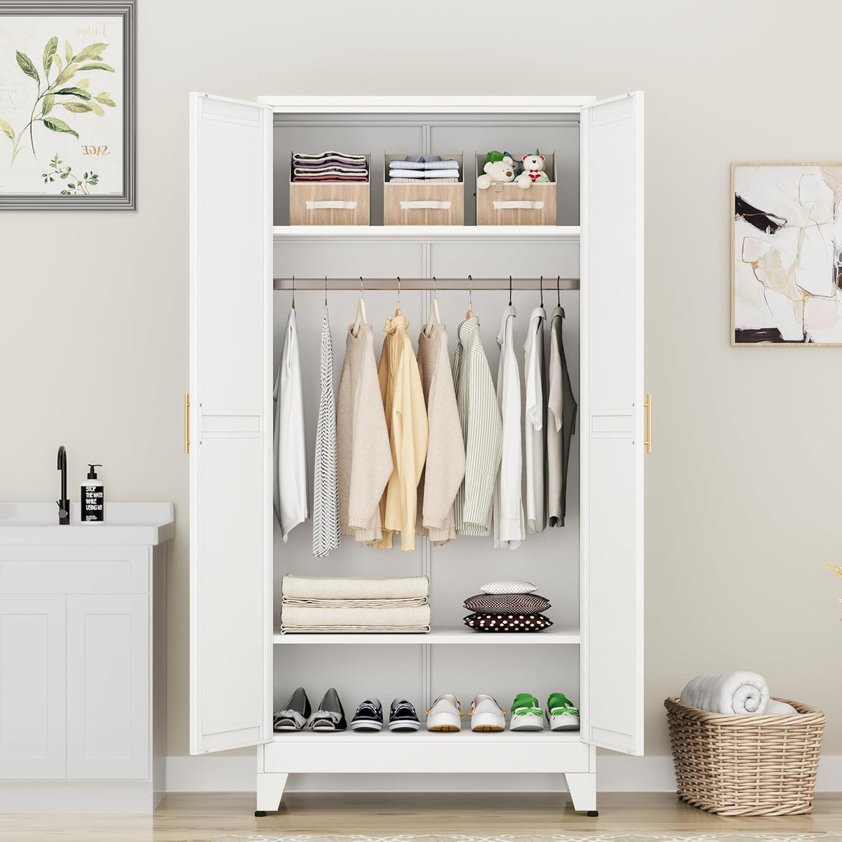 Metal Armoire Wardrobe Closet Storage Cabinet with Hanging Rod,71'' Metal Wardrobe Cabinet with 2 Doors and 2 Adjustable Shelves for Bedroom, Laundry Room, Cloak Room