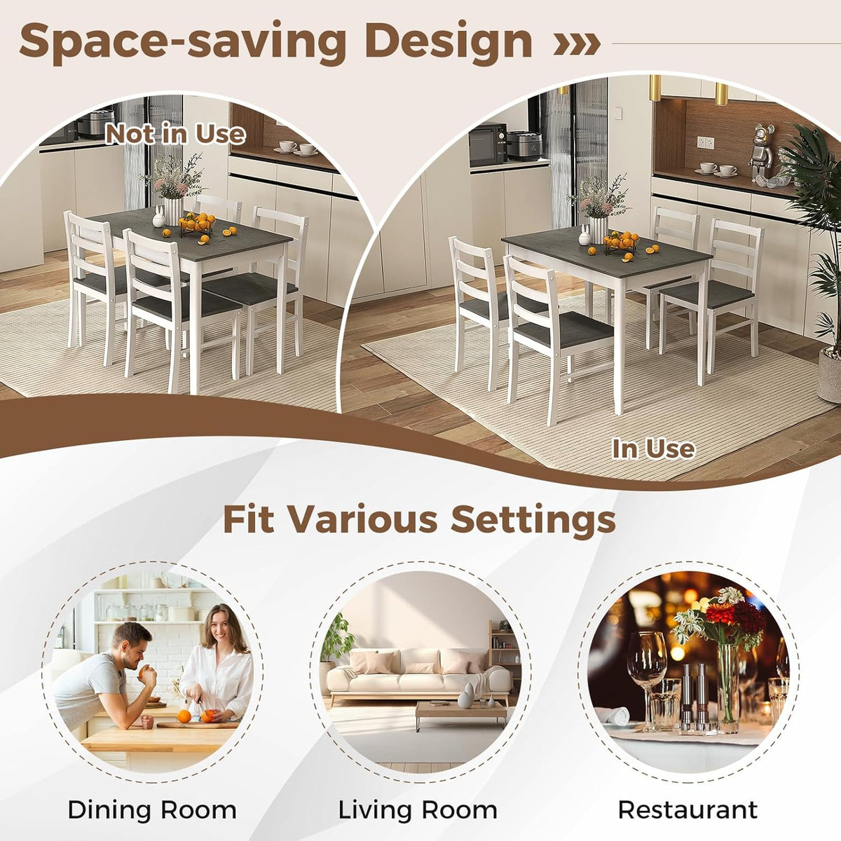 COSTWAY 5-Piece Dining Table Set for 4 w/Rubber Wood Structure, Grey | Spacious Tabletop, Anti-Slip Pads, Rubber Wood Legs, Space-Saving Design for Small Place, Apartment, Studio, Restaurant