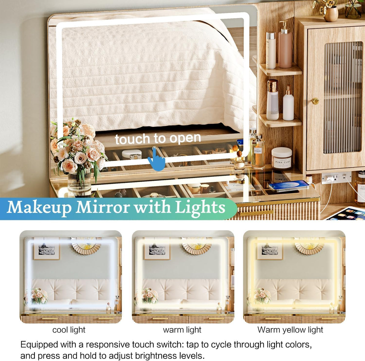 Arulvmrn Vanity Desk with 29.53" HD Lighted Mirror, 47.24" Big Modern Vanity Desk with Mirror and Lights, Makeup Vanity with 5 Drawers and Storage Shelves and Charging Station, Oak