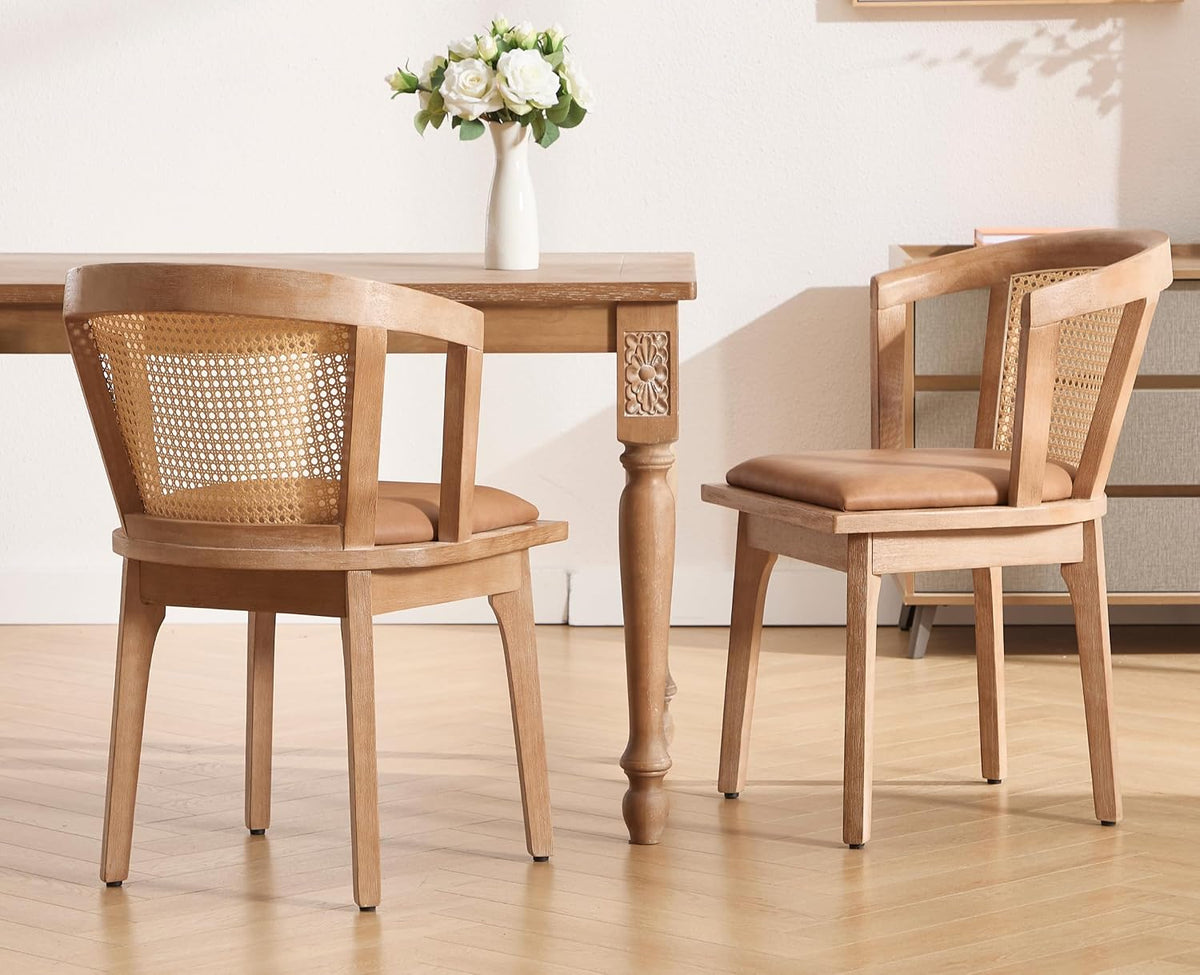 EALSON Rattan Mid Century Dining Chairs Set of 2 Modern Farmhouse Wooden Dining Room Chairs with Cane Curved Back Leather Upholstered Comfortable Kitchen Side Chairs for Restaurant, Brown