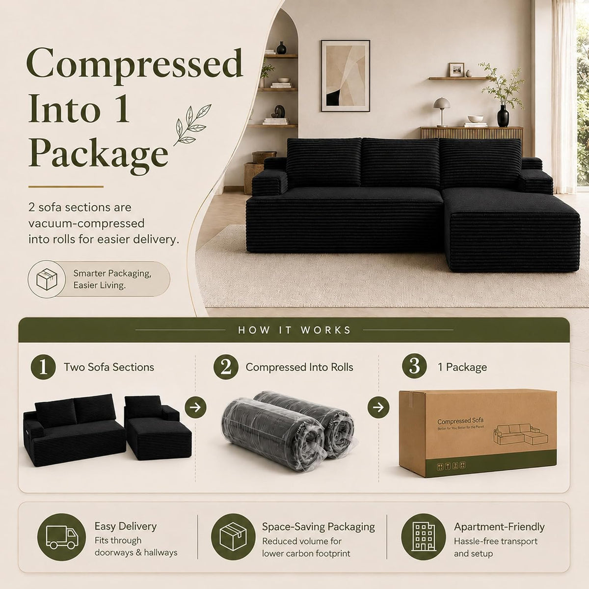 Couch Comfy Sectional Couches for Living Room,U Shaped Modular Cloud Couch Sofa, Minimalist Modular Sectional Sofa with Deep Seat (Black, 96" L Shaped with Right Facing Chaise)