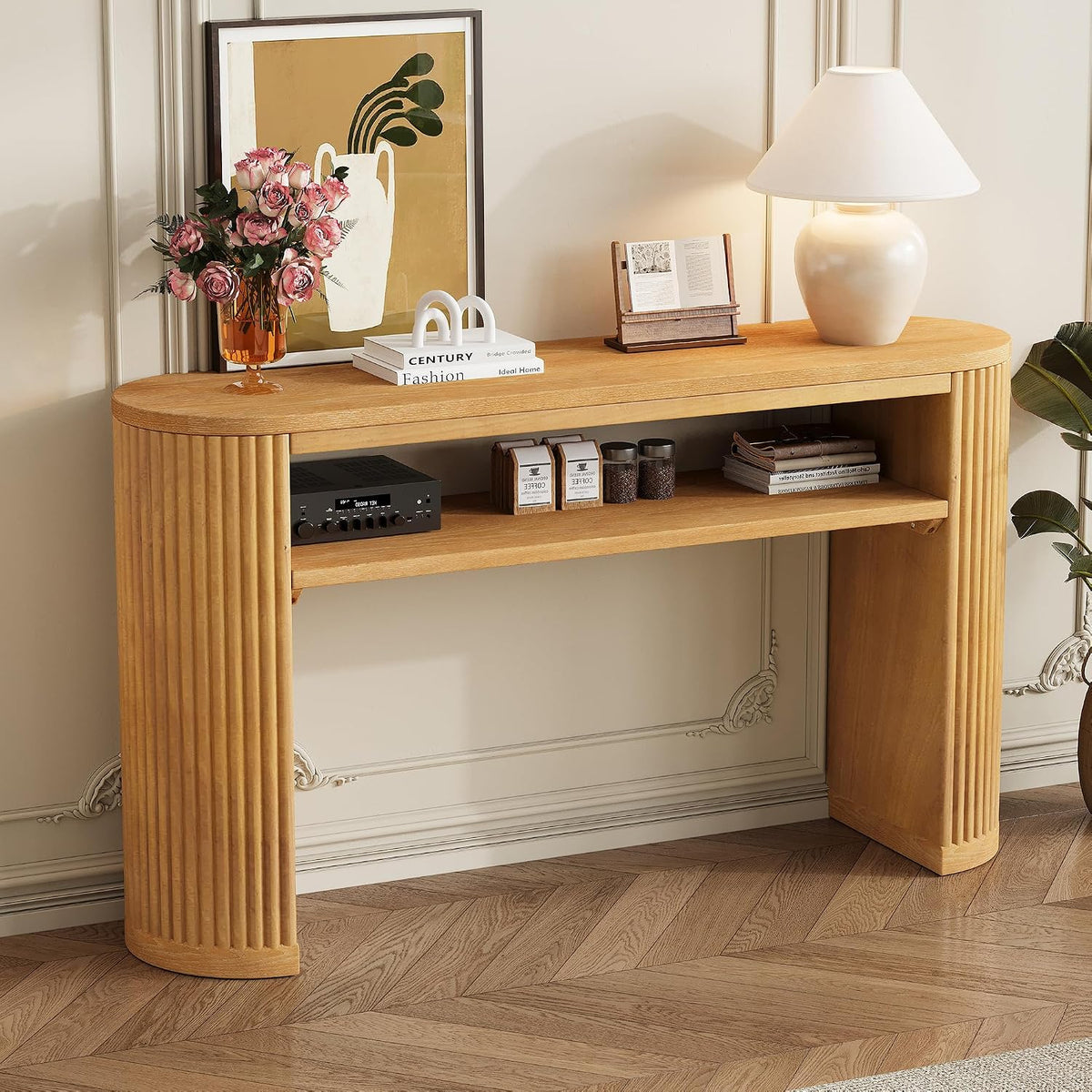 Vintage Farmhouse Console Table with Fluted Legs & Ash Veneer Top - Oval Entryway Sofa Table, Rustic Accent with Open Storage Shelf, Distressed Finish Options (Natural9)