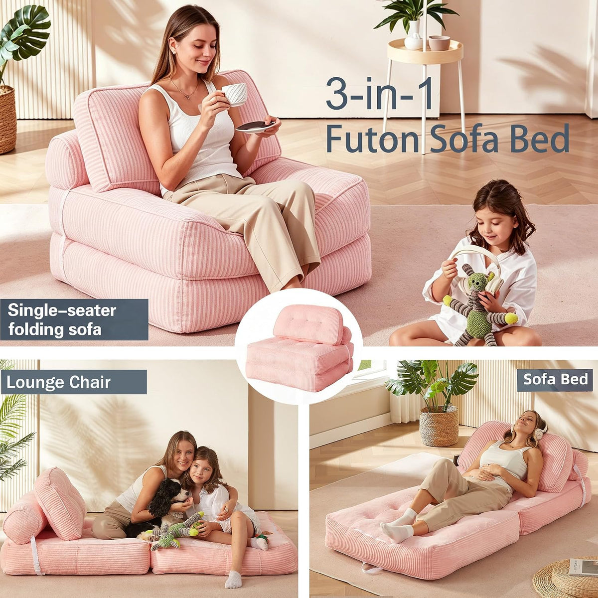 Folding Sofa Bed, Flannel Futon Couch Bed with Pillow and Blanket, Convertible Sleeper Chair for Living Room Bedroom, Pink