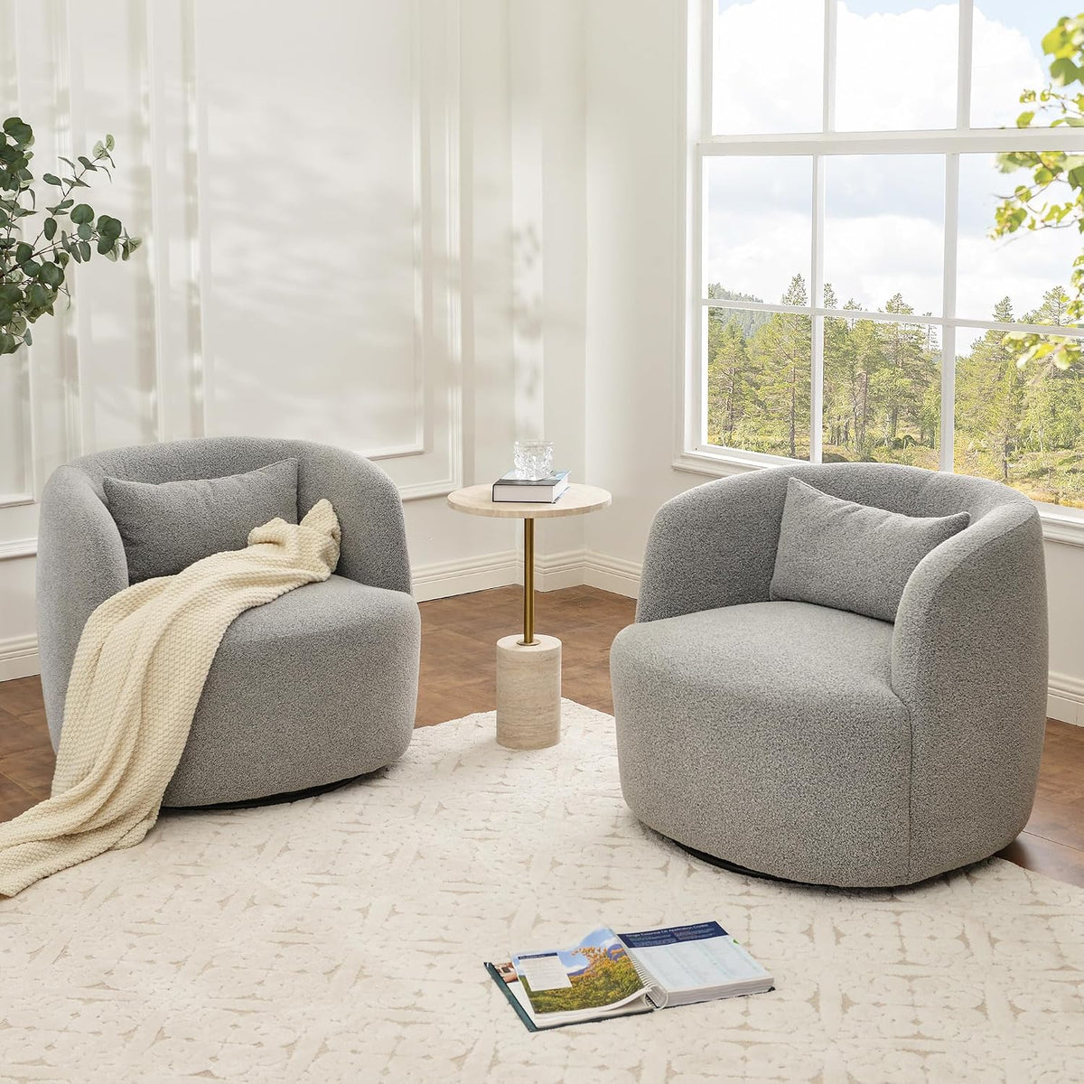 KINWELL 34" Wide Sherpa Swivel Barrel Chairs Set of 2, No Assembly Round Boucle Upholstered Accent Chairs Armchairs Single Sofa Chair with Toss Pillow for Living Room and Bedroom, Gray