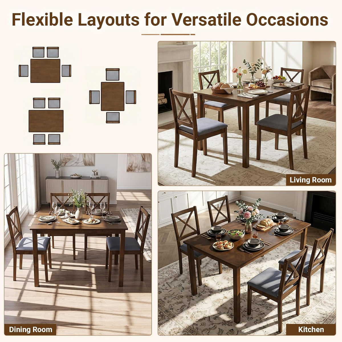 Giantex Dining Table Set for 4, Wood Kitchen Table with Upholstered Chairs | Farmhouse Space-Saving Dinette Set with X-Shaped Backrest for Small Space, Breakfast Nook, Dining Room