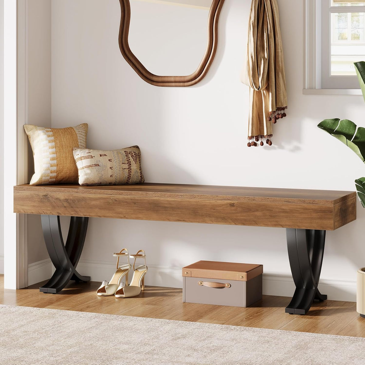Tribesigns Entryway Shoe Bench, 55-Inch Wooden Shoe Bench with Metal X-Shaped Legs, Industrial Long End of Bed Stool with Seating for Bedroom, Living Room, Hallway, Porch