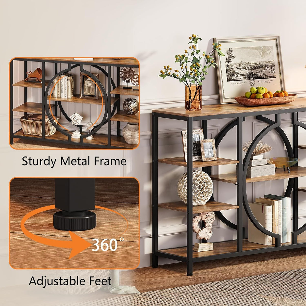 GiftGo 47" Industrial Console Tables for Entryway Rustic Sofa Table Behind Couch 4 Tier Wooden Shelves Entry Table with Storage for Foyer, Hallway, Front Door,Living Room (Rustic Brown, 47")