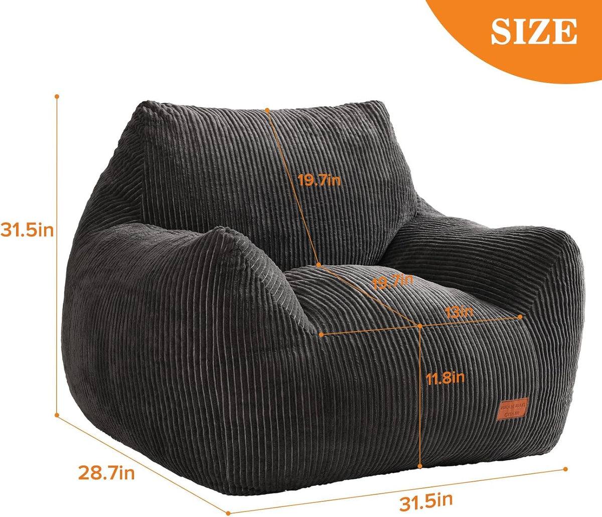 Big Bean Bag Chair for Adults, Ultra Soft BeanBag for Living Room | Stuffed BeanBag Chair with Armrests for Napping, Gaming, Vacuum-Compressed for Easy Gifting, 48 Hours to Fluffs Up, Dark Gray