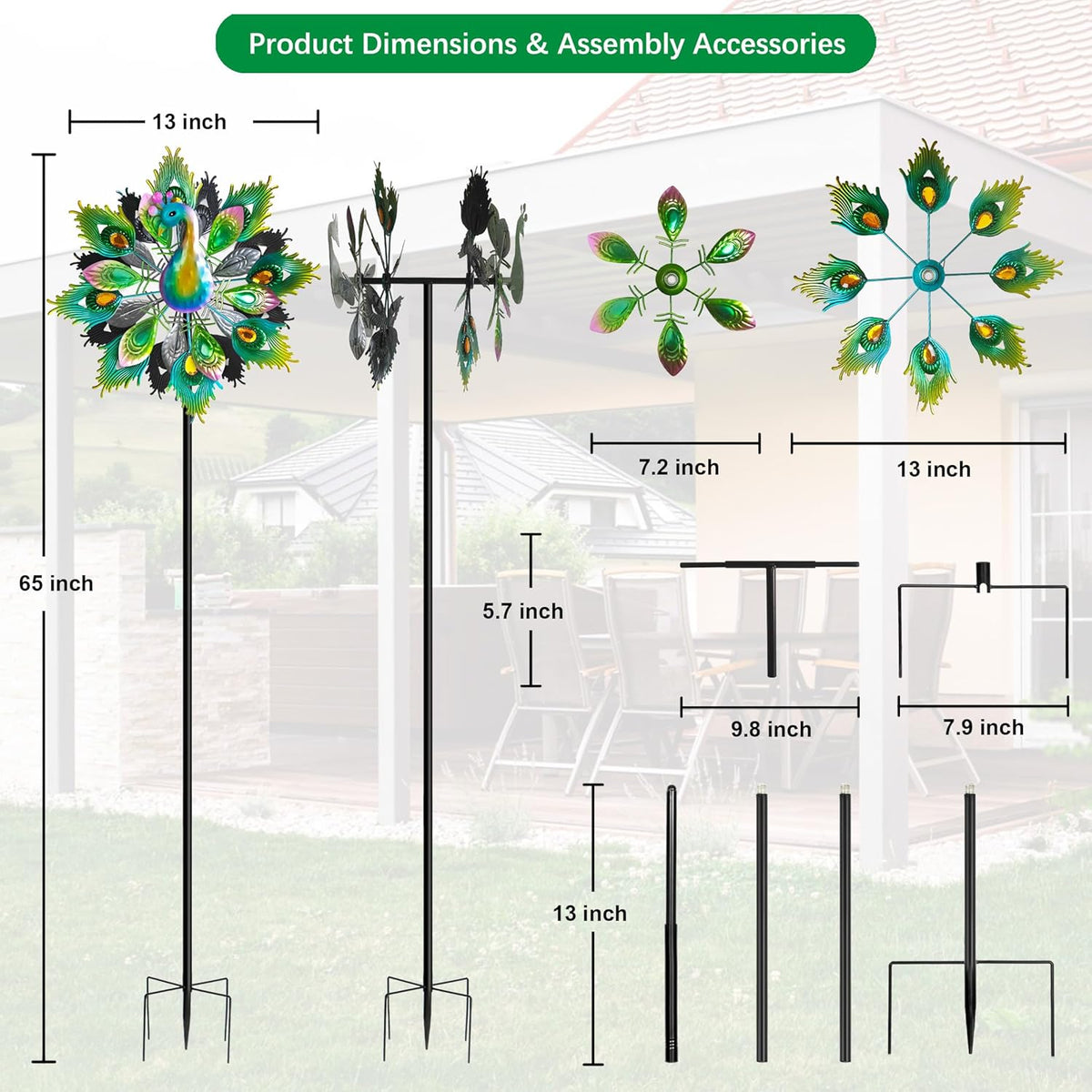 Outdoor Peacock Wind Spinners Featuring Glittering Gem Decor, 13.5" D x 65" H Double Layer Kinetic Wind Sculptures, 360° Rotatable Metal Garden Wind Spinners for Yard and Outdoor Decor Blue