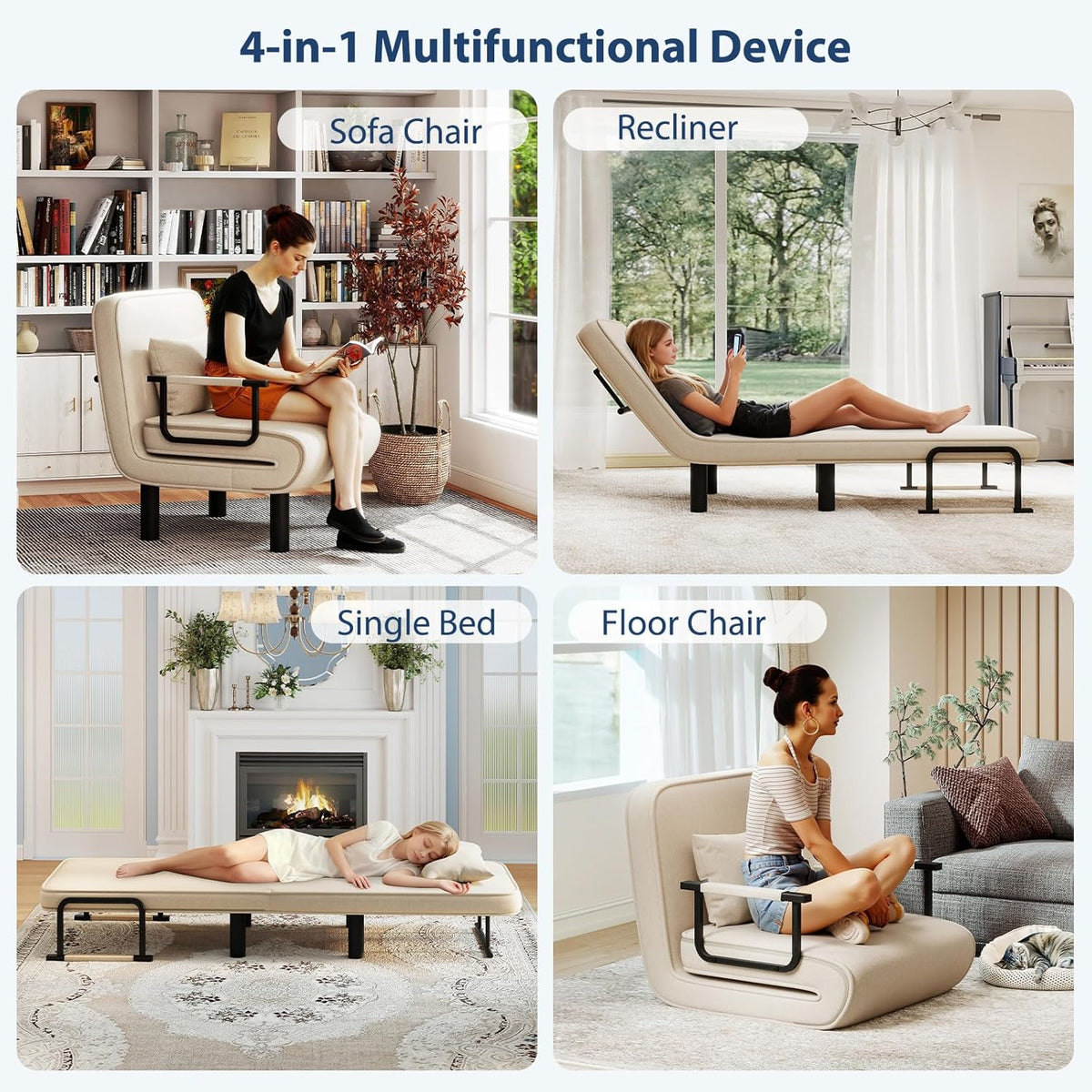 Furniliving 4 in 1 Folding Sofa Bed Chair, Convertible Sleeper Chair Bed with 6-Position Adjustable Backrest, Upholstered Chaise Lounge with Pillow, Accent Chairs for Bedroom, Linen, Beige