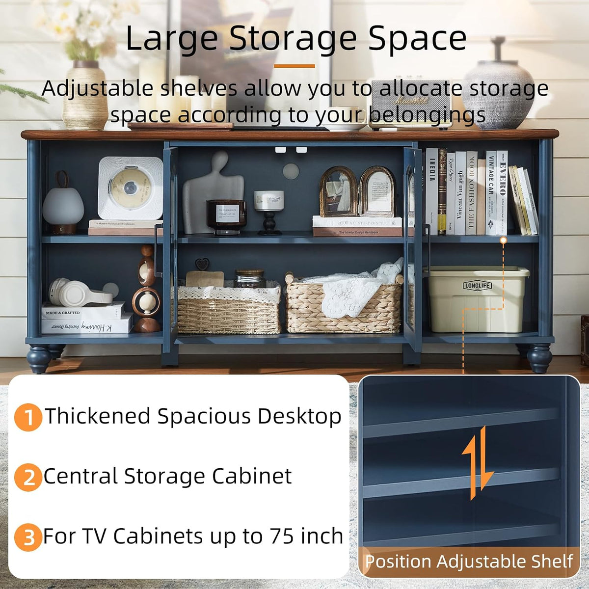 RWYHG Farmhouse TV Stand for 60 in TV, Entertainment Center for Living Room | Adjustable Shelves, Magnetic Glass Door, Sturdy Gourd Base, Wood Grain Top, High Capacity Storage Cabinet, Navy Blue