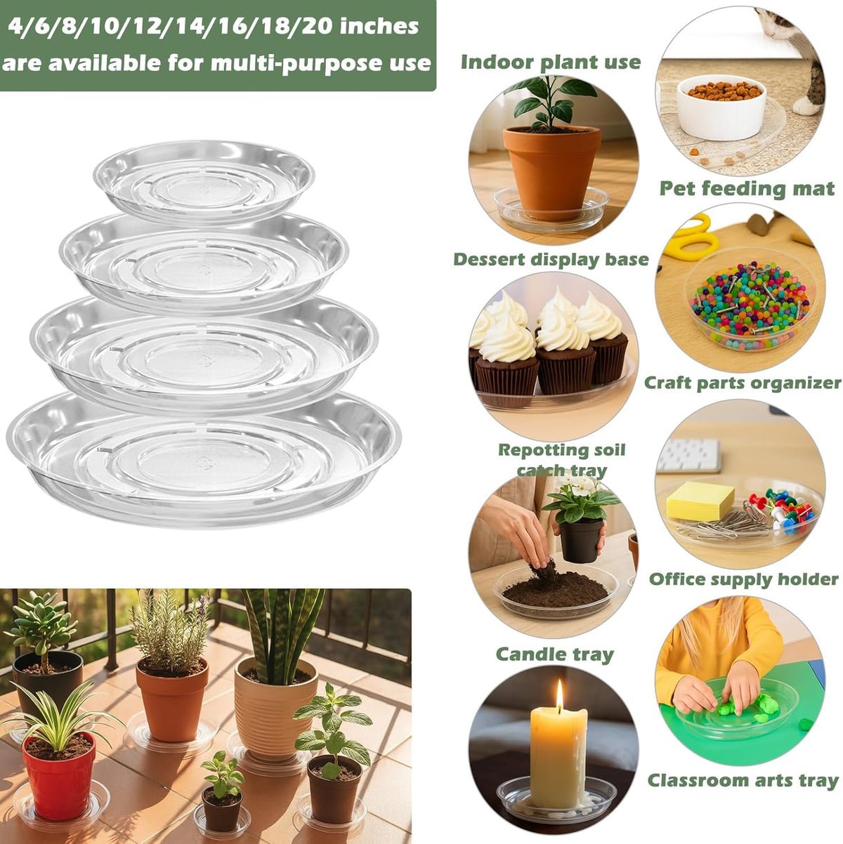 20 Packs 8 Inches Clear Plant Saucers for Indoor Outdoor Use Heavy Duty Plastic Plant Trays for Planter Bulk Flower Pot Drip Trays to Catch Water, 4 to 20 Inch, Round Transparent