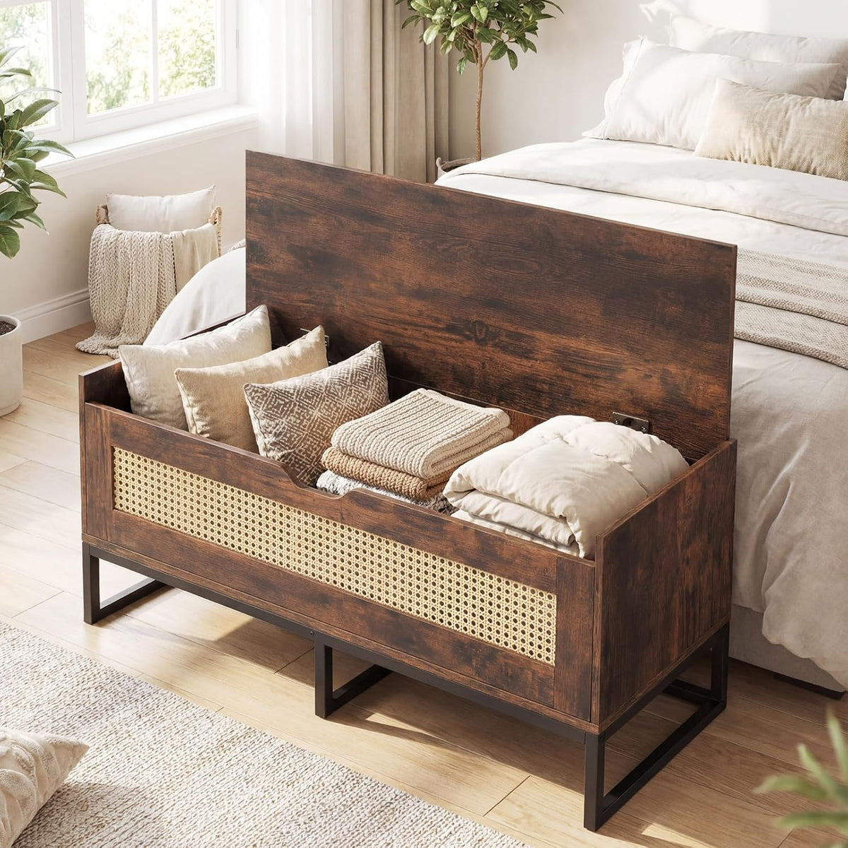 Giantex Rattan Shoe Bench, Flip-Top Entryway Bench with Removable Padded Seat & Hidden Storage, Wooden Shoe Storage Chest with Metal Legs for Bedroom, Hallway, 440 lbs Max Load (Rustic Brown & Black)