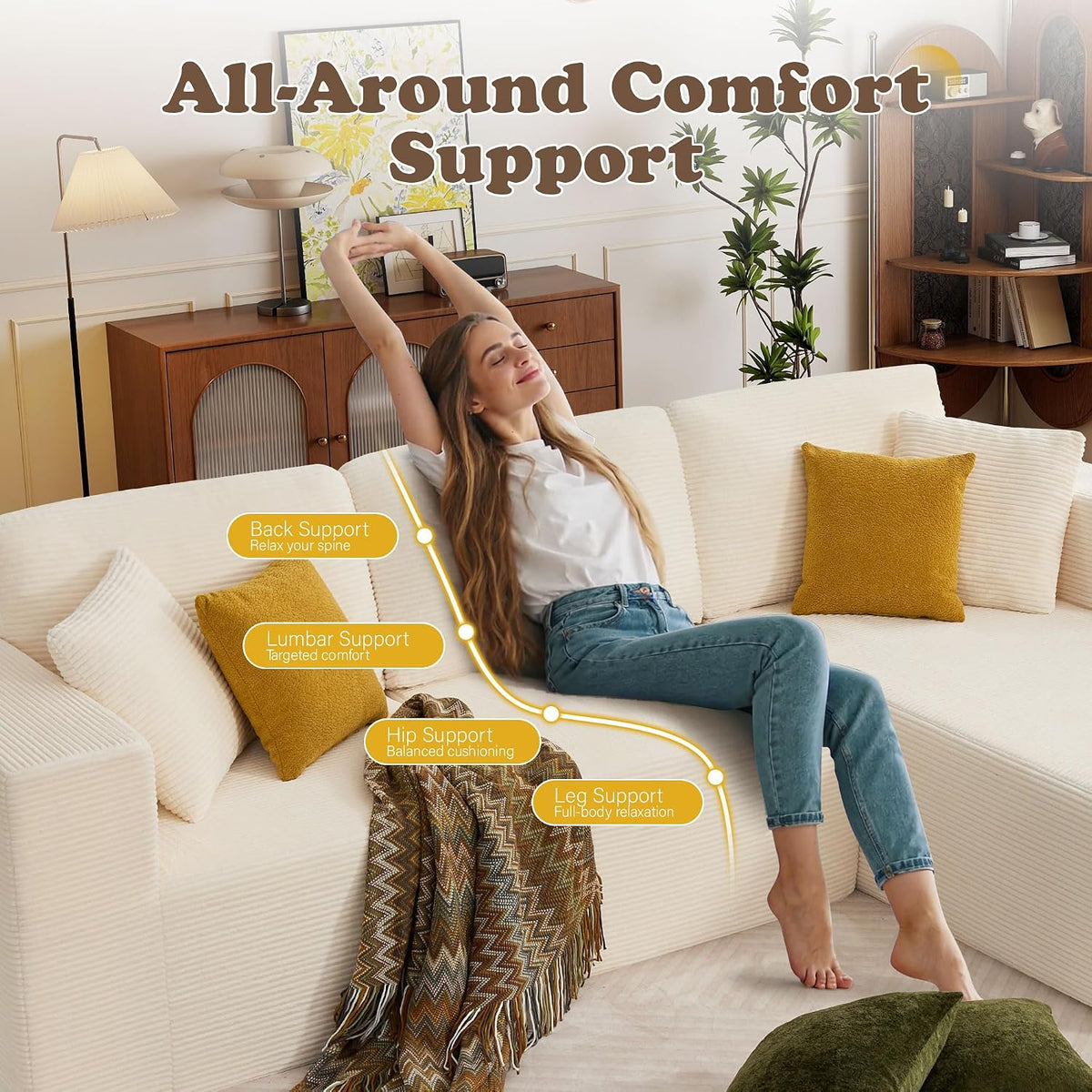 109” Cloud Sectional Couch, Modular Sofa with L-Shape Chaise, Deep Seat Corduroy Couch, No Assembly Required, Modern Upholstered Sectional for Living Room Apartment Bedroom