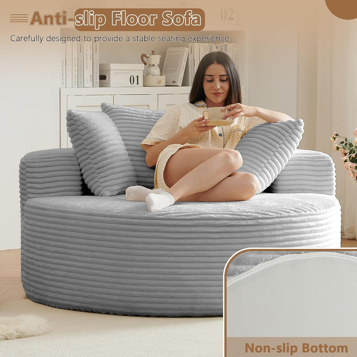 Oversized Round Chair Lounge Chaise Indoor, Upholstered Corduroy Deep Seat Cloud Large Circle Sofa Chair, No Assembly Required, Fluffy Modern Sleeper Sofa Bed for Reading, Living Room, Light gray