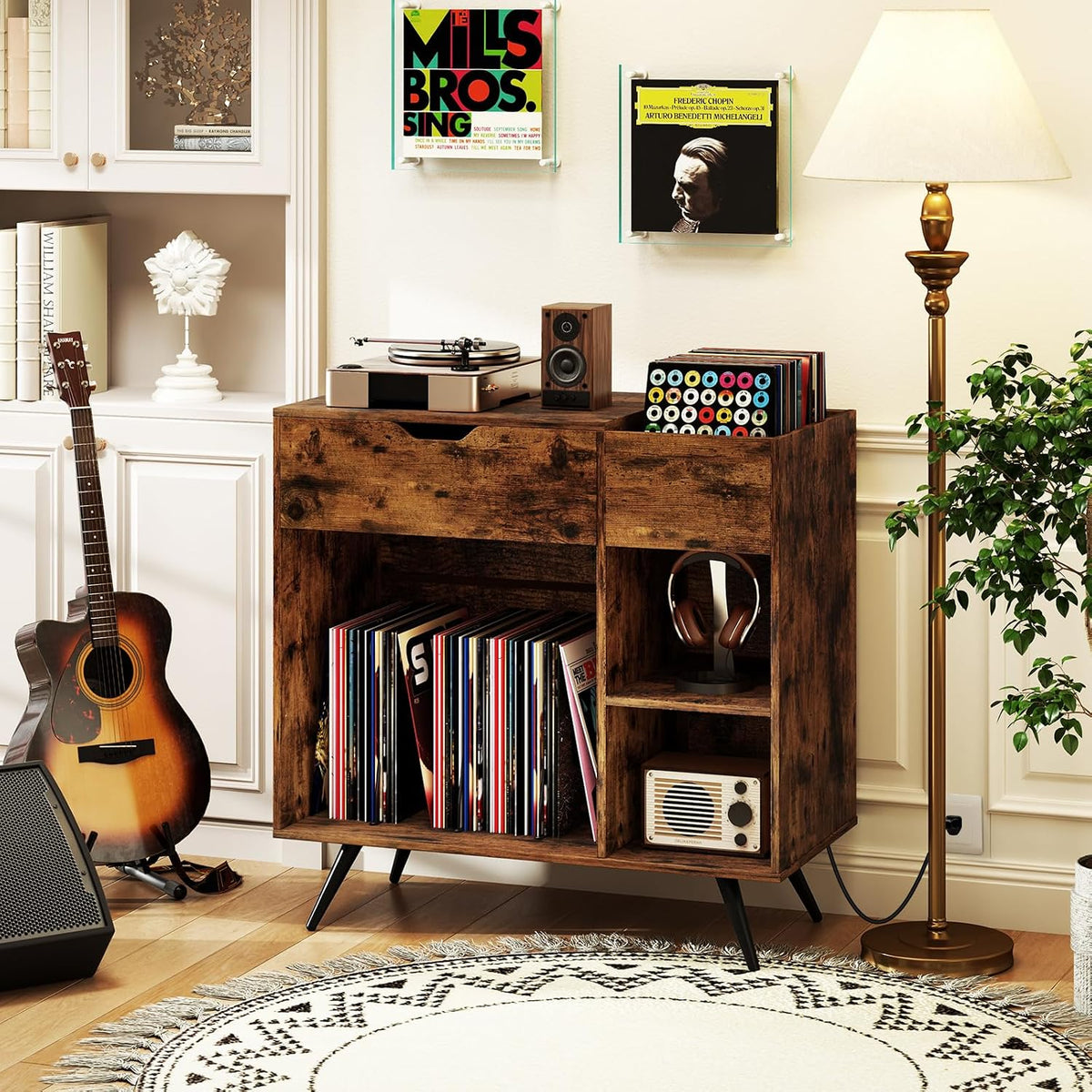 Giantex Large Record Player Stand with Charging Station, Mid Century Turntable Stand Holds Up to 300 Albums, Record Player Table w/Drawer & Display Shelf, Vinyl Record Storage for Living Room, Brown