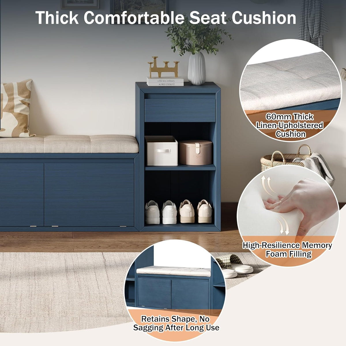 All in One Entryway Shoe Storage Bench with Cushion, Compartments, Drawers, Open Shelves for Hallway, Mudroom, Living Room Antique Navy