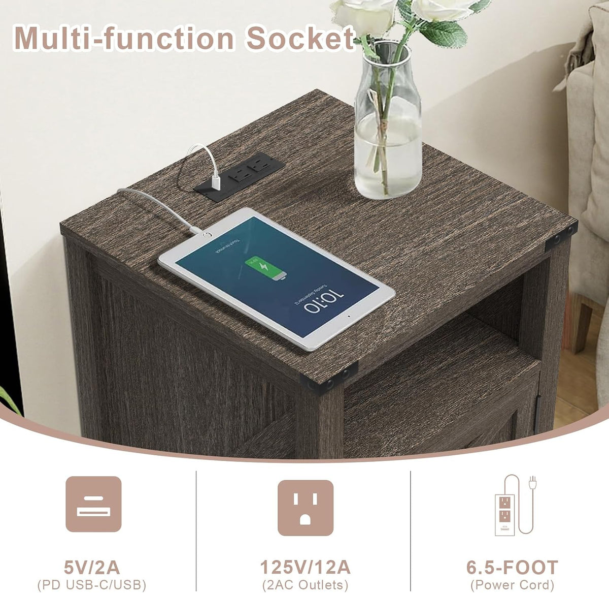 MUUEGM 24" Nightstand with Charging Station, End Table, Side Table with Door for Bedroom, Living Room, Modern Farmhouse Design, Dark Grey Bedside Table with Door Set of 2