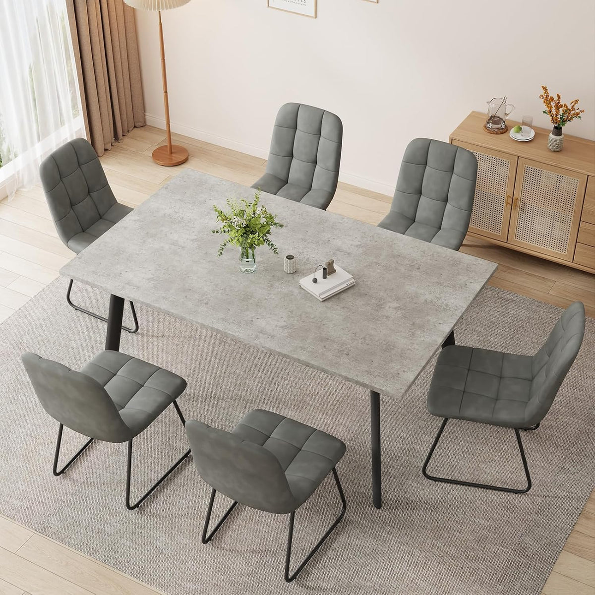 ZckyCine 46.5" Modern Grey Dining Table Set for Small Spaces, 7-Piece Set with Rectangular Table & 6 Padded Leather Chairs, Compact, Sturdy & Easy to Assemble (Table + 6 Gray Dining Chairs, 46.5")