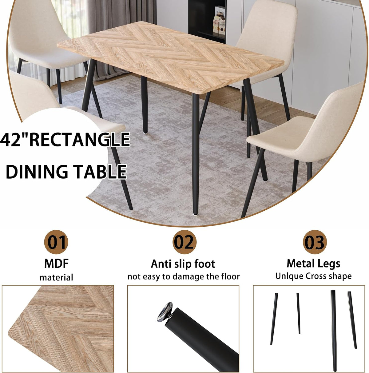 Small Dining Table Set for 4, Modern Dining Table and Chairs Set with 4 Fabric Dining Chairs, 5 Piece Wooden Dining Table Set, 47'' Kitchen Table Set, Ideal for Small Spaces