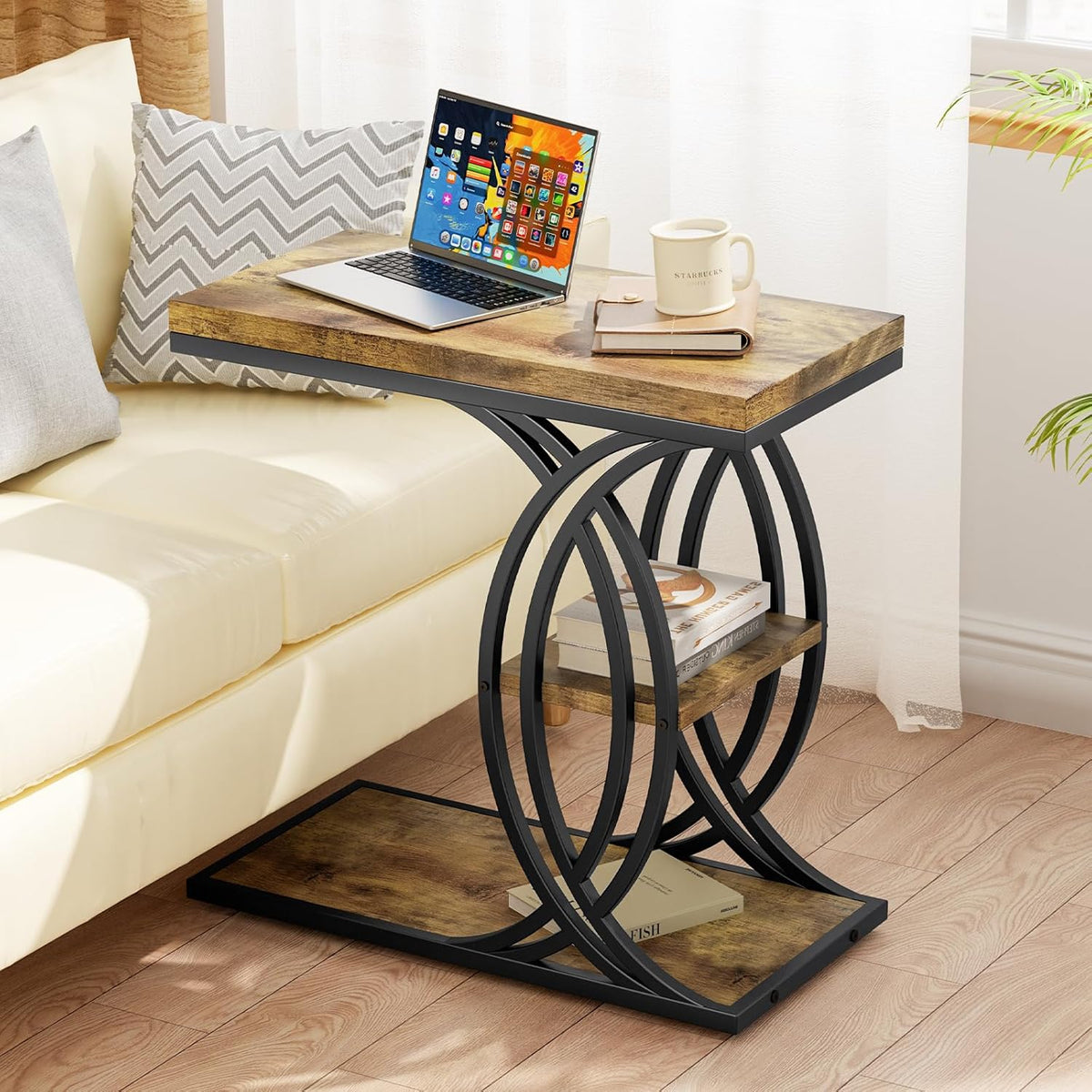 C Shaped End Table, Bed Side Table, 3-Tier Side Table with Metal Frame, Wood End Table with Storage for Living Room, Couch, Sofa, Bedroom, Easy Assembly, 23.6" D*11.8" W*23.6" H, Rustic Brown