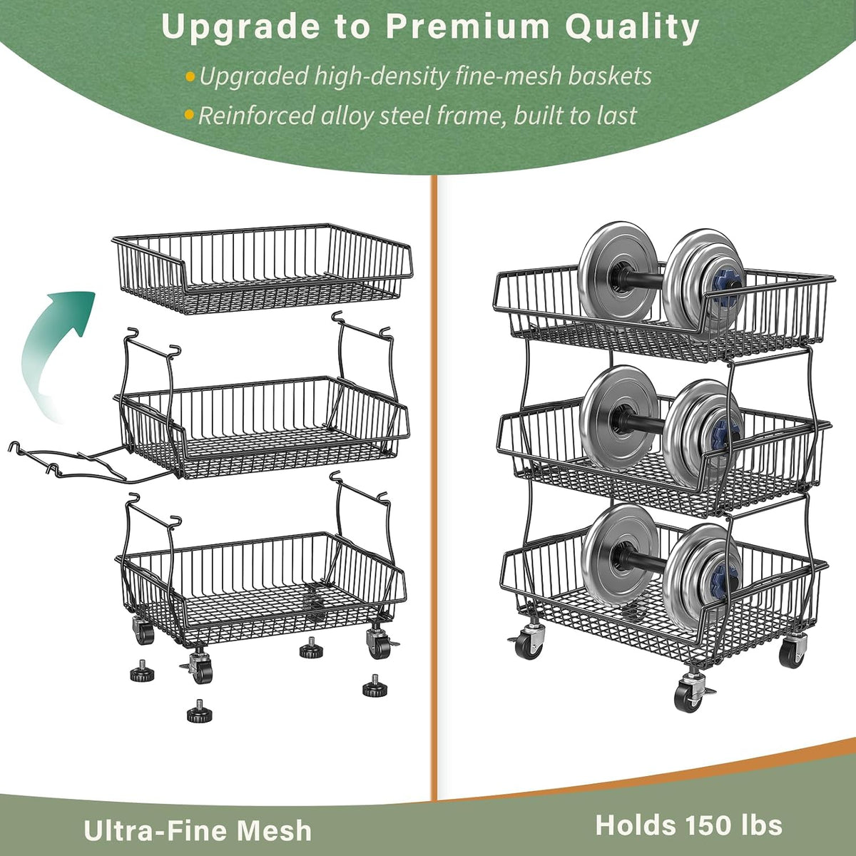 OKZEST Pantry Organizers and Storage Cart with Upgraded Metal Hub Casters | Fits under pantry shelf, stackable fine-mesh wire baskets, 3-tier rolling cart holds drink, snack, can, potato, onion, fruit