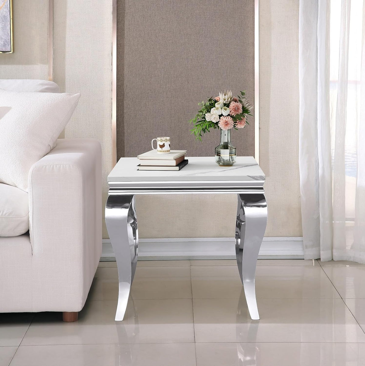 Henf 23in Square End Table Faux Marble End Table w/Stainless Steel Legs,Luxury Sofa Side Table Tea Table for Living Room Office, Nightstand Bedside Table for Bedroom, White and Silver End Side Table