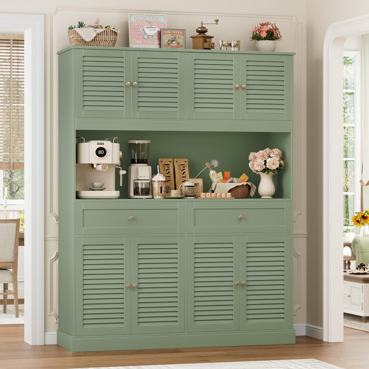 HIFIT 71“HX55“W Large Pantry Cabinet for Food Storage, Farmhouse Kitchen Hutch with Storage Drawers, Tall Kitchen Pantry Cabinet with Microwave Stand for Dining Living Room, Green