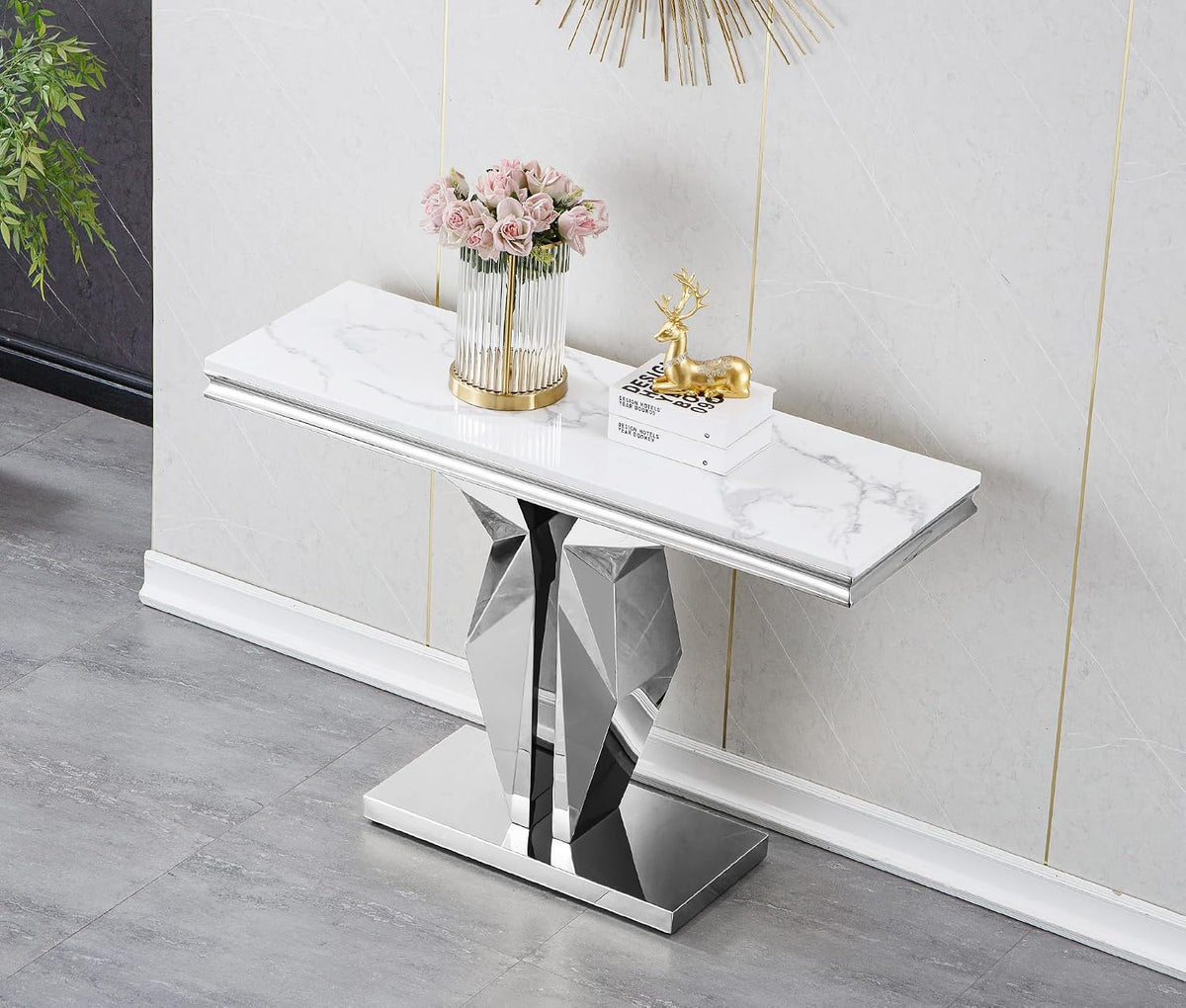 SSLine Modern White Faux Marble Console Table Luxury Entryway Table with Silver Pedestal Base 46.8" Mid-Century Elegant Sofa Table w/Mirrored Stainless Steel Frame for Living Room Hallway