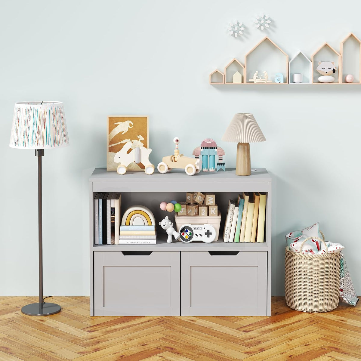 Kids Furniture Set for Bedroom Toddler Table and Chair Desk Toy Box | Durable MDF storage with 2 drawers and open shelves. Safe rounded edges, anti-tip device, and hidden wheels. Perfect for
