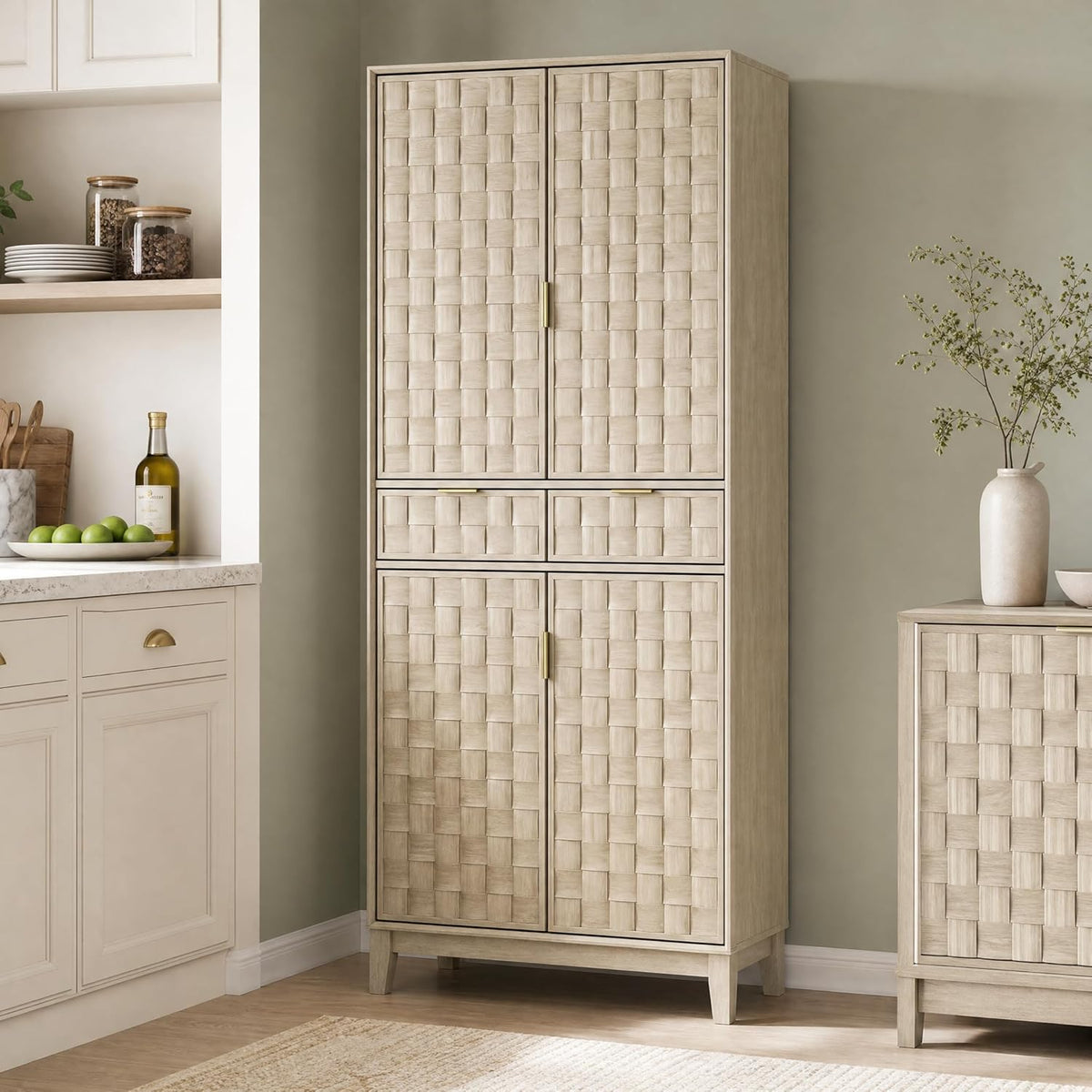 Pantry Cabinet, 71" Tall Pantry Cabinet,Modern Kitchen Cabinet with Doors, Drawers & Adjustable Shelves, Freestanding Food Pantry Cupboard with Side Rack for Kitchen Dining Room,Oak