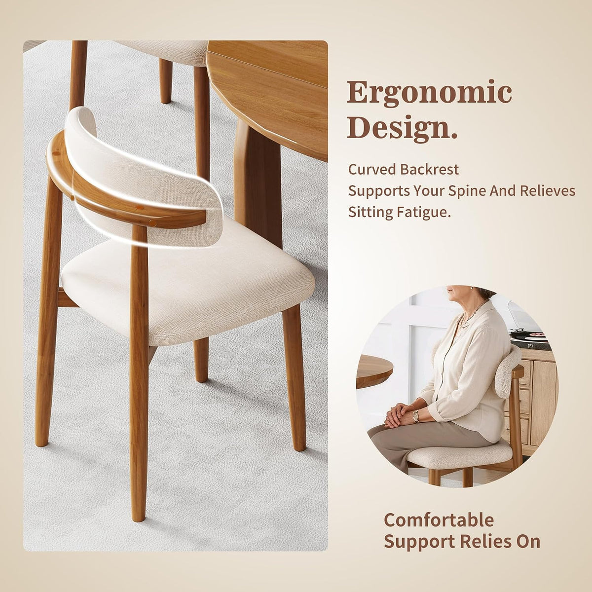 Dining Chairs Set of 6, Upholstered Wooden Dining Chairs, Mid Century Modern Fabric Kitchen Side Chairs with Ergonomic Curved Backrest, Farmhouse Chair for Kitchen Dining Room-Beige
