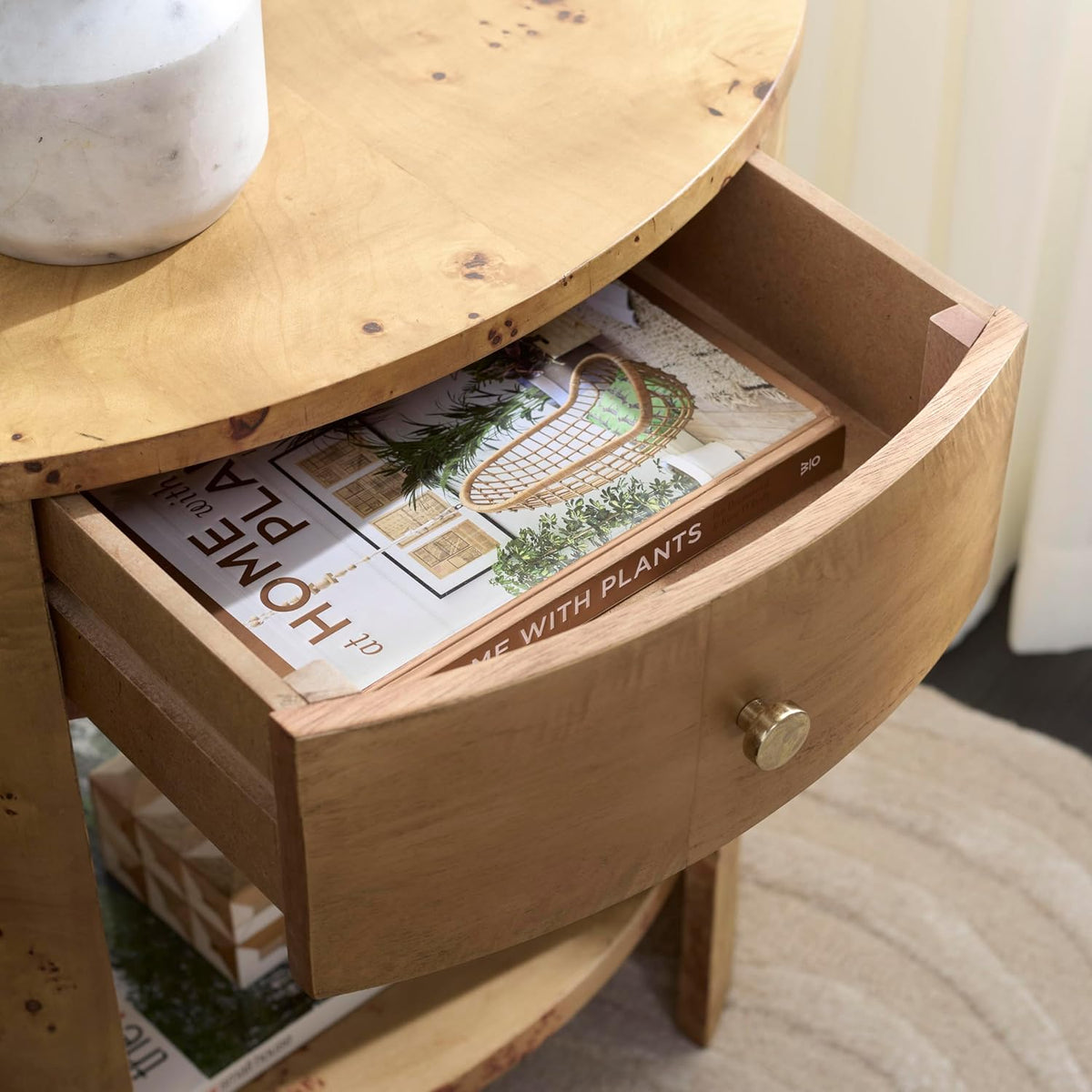 SAFAVIEH Home Collection - Philippe Natural Brown Oval Top Accent Table, 1 Drawer 1 Shelf Side Table, Burl Wood Look, Fully Assembled (ACC6612A)