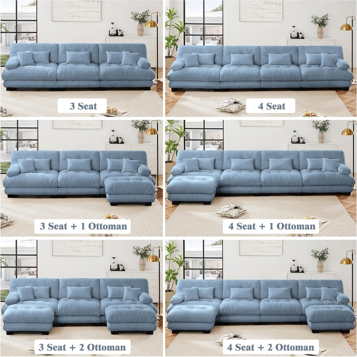 Oversized Modular Velvet Sectional Cloud Sofa Couch with Movable Ottoman,Corner Sofa with Comfortable Armrests, Deep Seat, Convertible L or U Shaped Couch (Sky-Light Blue, 3 Seat + 1 Ottoman)