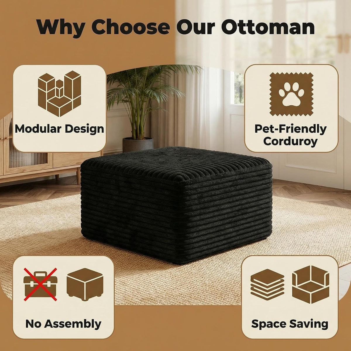JINGLING 25.6 Inch Plush Corduroy Ottoman, Modular Sectional Foot Rest for Living Room, Upholstered Cloud Ottoman for Couch in a Box, Compressed Memory Foam, No Assembly Require, Black