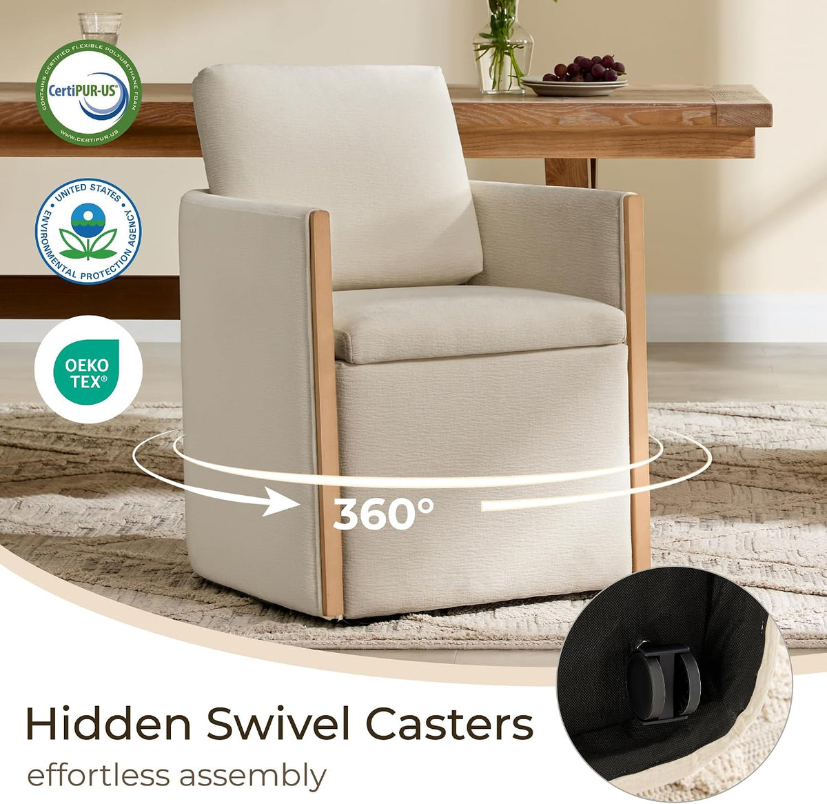 Watson & Whitely Modern Rolling Dining Chair with Casters, Set of 2, Linen | Upholstered Chenille Fabric, Hidden Seat Storage, Wood Arms for Kitchen, Dining Room, Living Room
