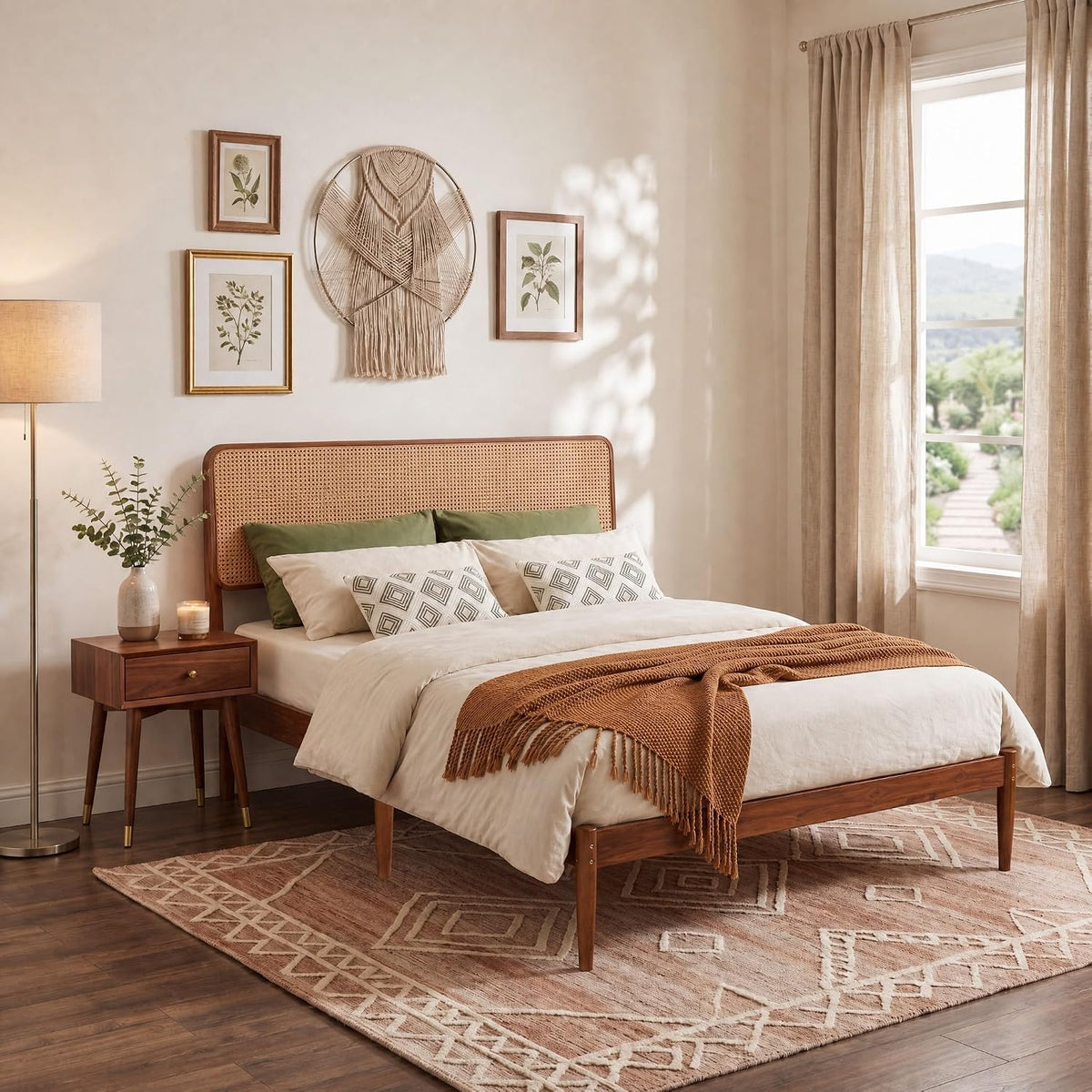 KOMFOTT Queen Size Bed Frame, Wood Platform Bed with PE Rattan Headboard