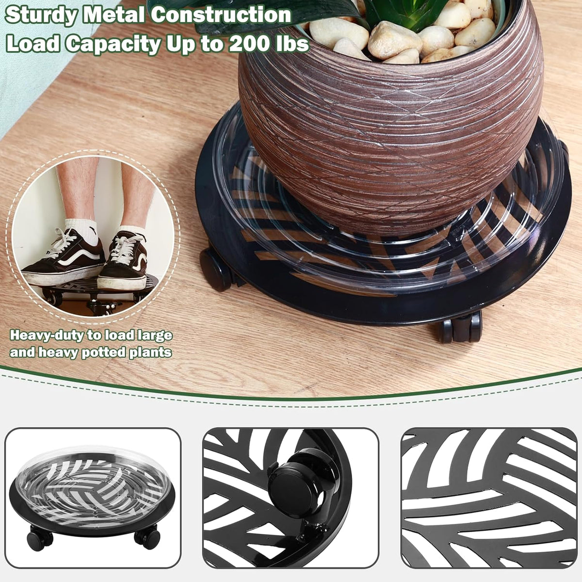 4 Packs Large Metal Plant Caddy with PU Wheels 13" Heav-duty Wroght Iron Rolling Plant Stands Indoor Outdoor Wheeled Plant Dolly Planter Mover Rollers Plant Trolley Cart, Plant Saucers Included