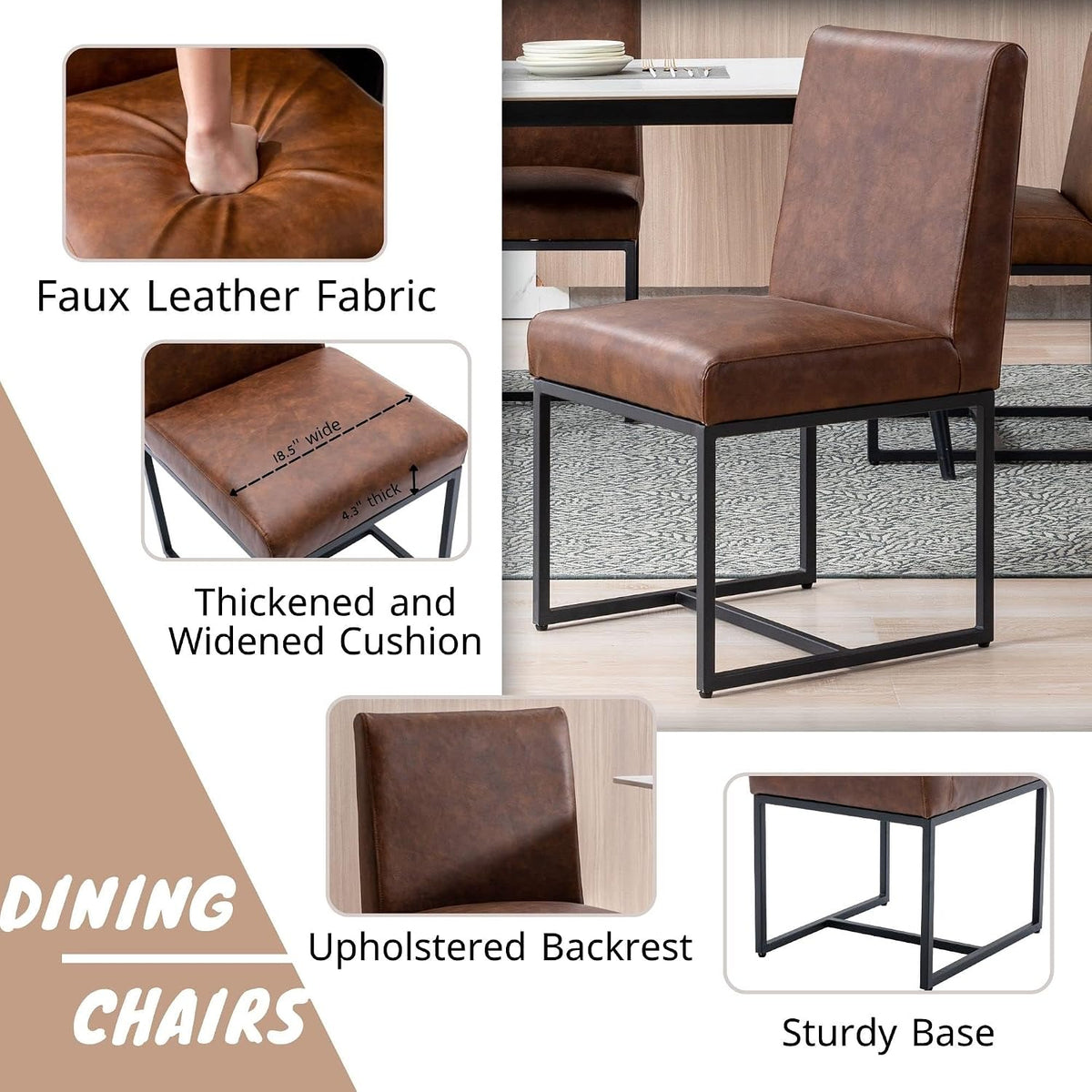 BESTANO Modern Dining Chairs Set of 4, Brown PU Leather Upholstered Kitchen & Dining Room Chairs with Black Metal Frame Armless Mid Century Side Kitchen Chair Sillas De Comedor