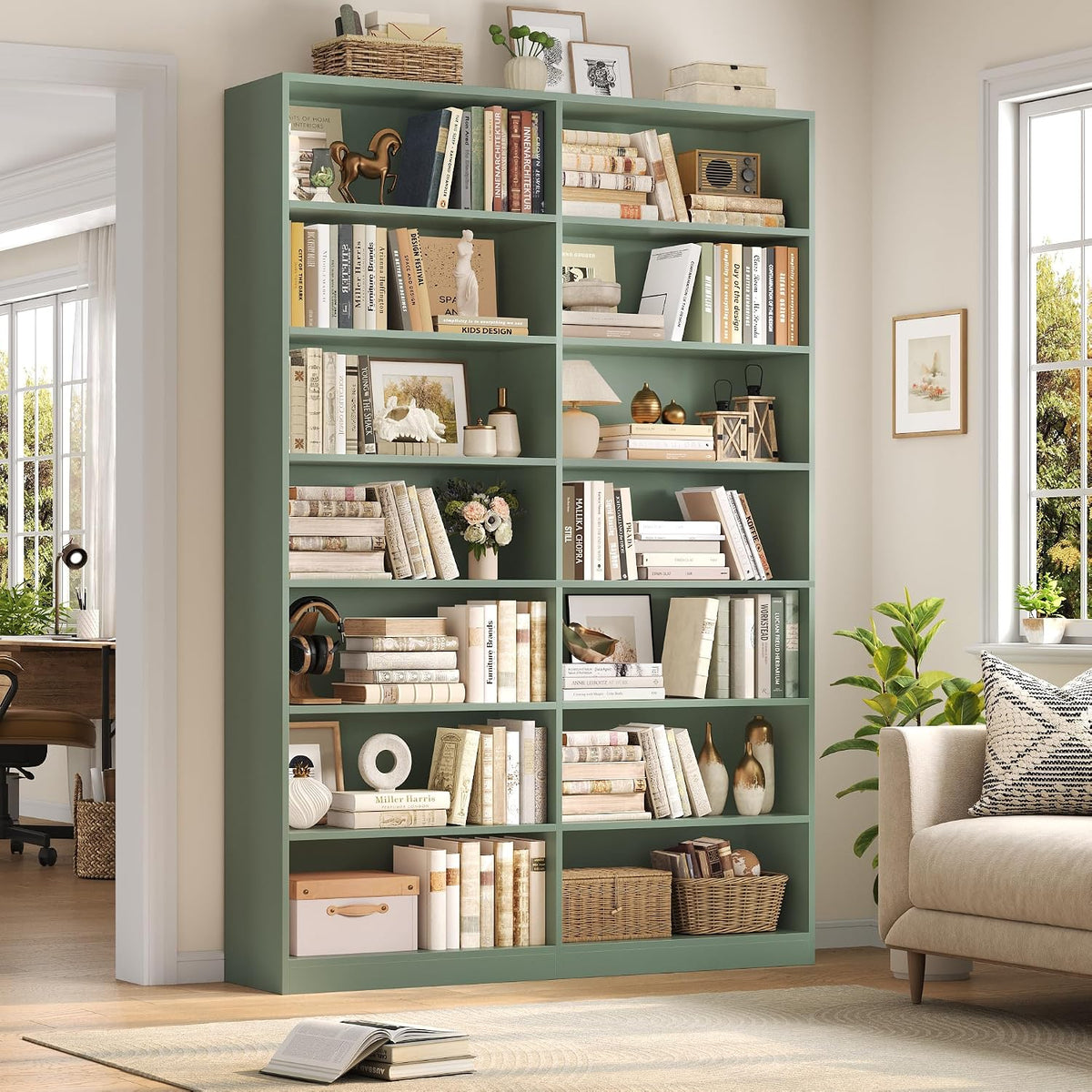 FACBOTALL 83.7" Tall Bookshelf and Bookcase,7-Tier Double Bookshelves Green