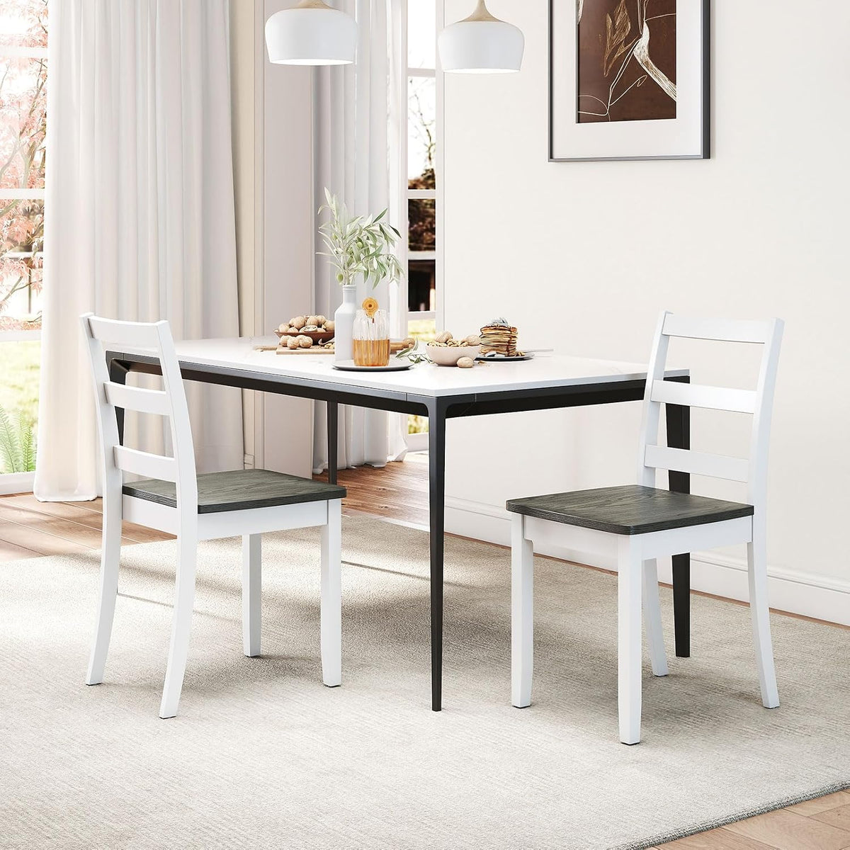 Giantex Dining Chairs, Wooden Armless Kitchen Chairs with Solid Rubber Wood Legs, Farmhouse Ladder Back Dining Chairs for Dining Room (2, White+Gray)
